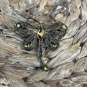 Elegant Silver Dragonfly‎ Brooch with Green Accents